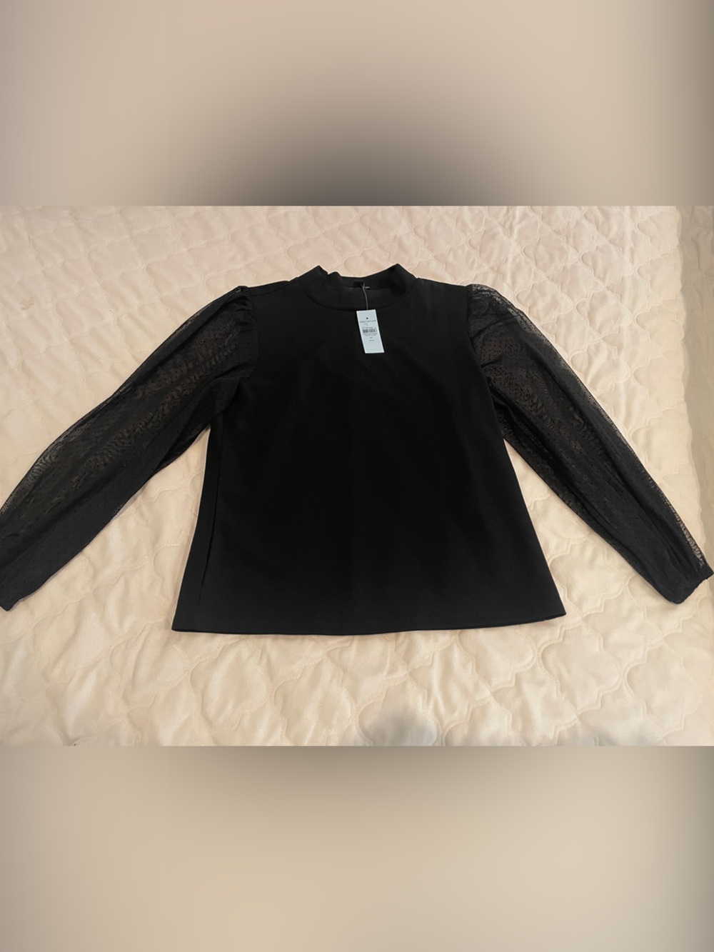 Ann Taylor Black Long Sleeve Top with Sheer Textured Sleeves
